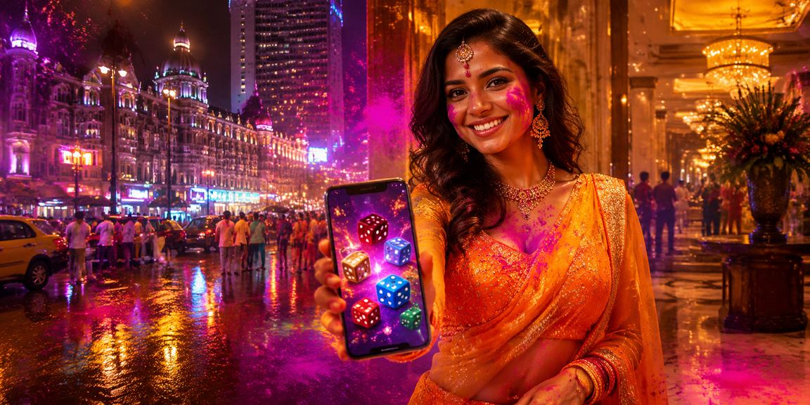 Vibrant Mumbai Holi festival with dice and Teen Patti card game atmosphere